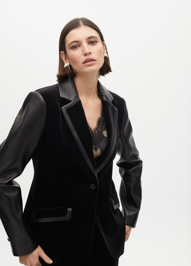 Fitted velvet blazer with faux leather details