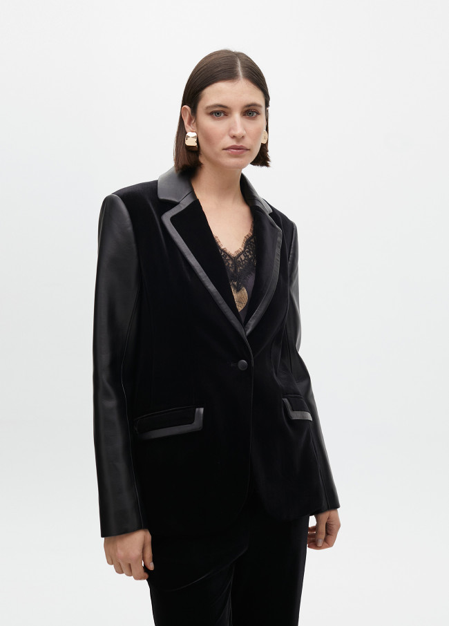 Fitted velvet blazer with faux leather details