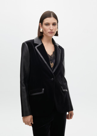 Fitted velvet blazer with faux leather details