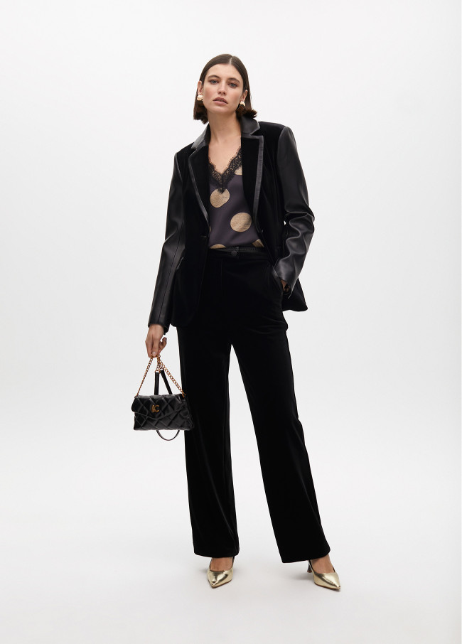 Fitted velvet blazer with faux leather details