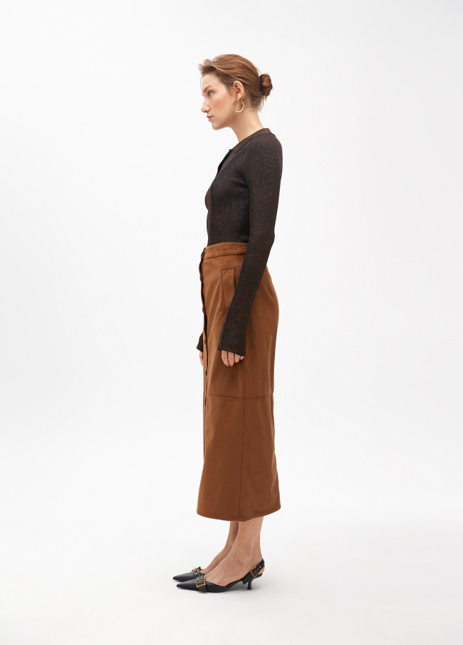 Faux suede pencil midi skirt