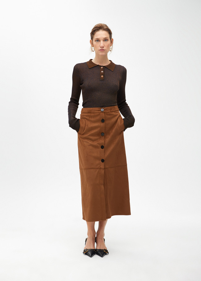 Faux suede pencil midi skirt
