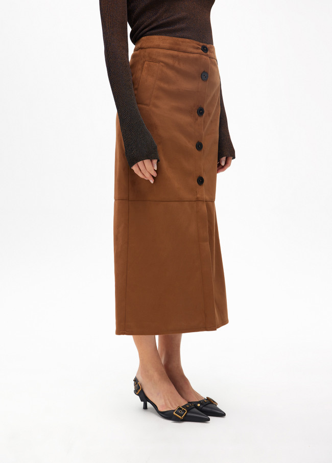 Faux suede pencil midi skirt