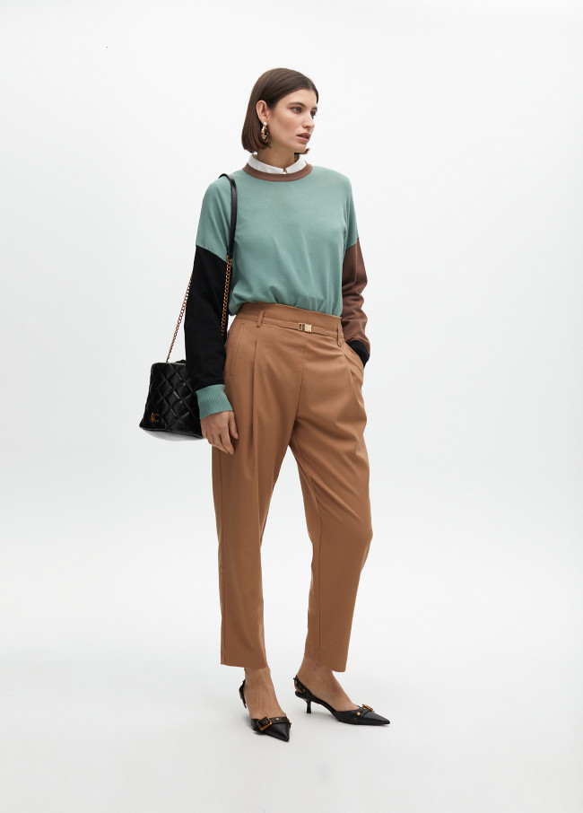 Basic darted trousers with front embellished belt