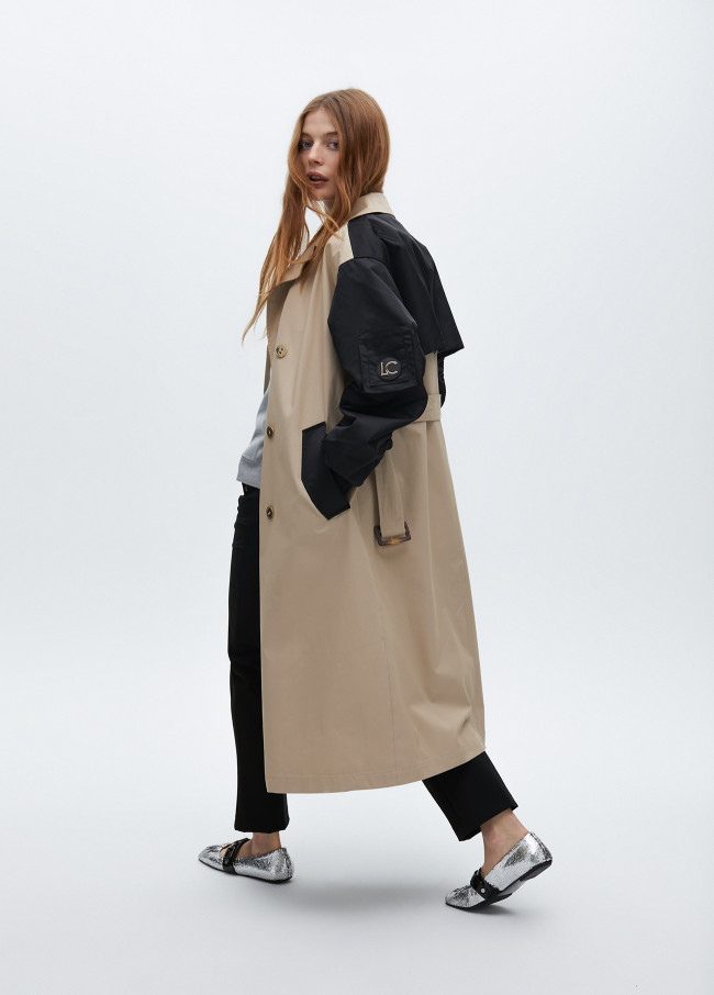 Trench coat with contrast bomber sleeves