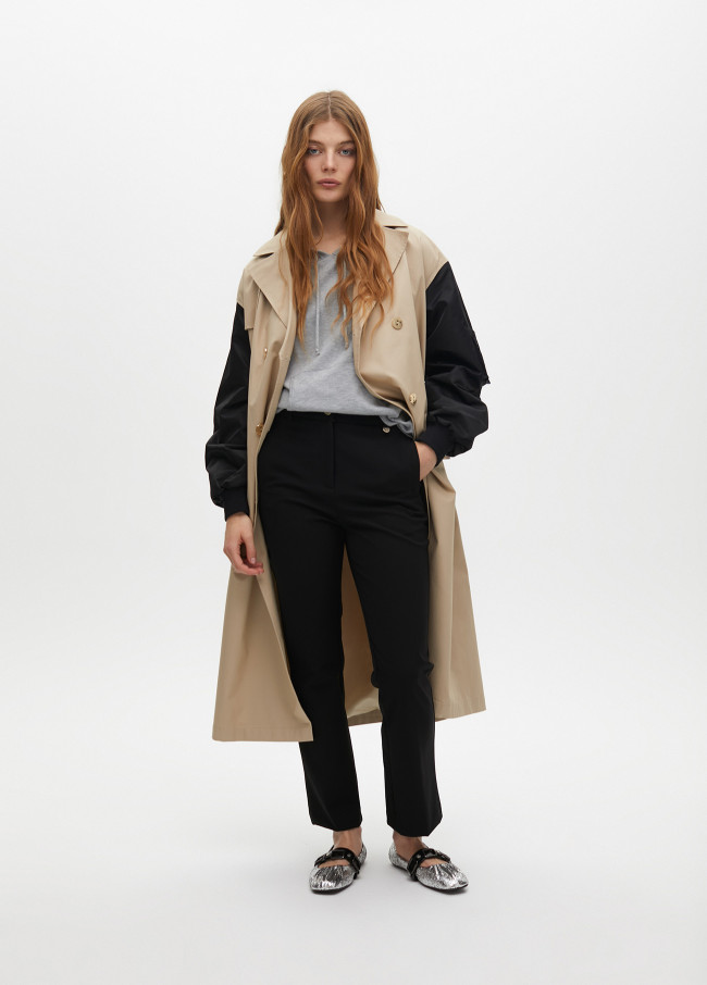 Trench coat with contrast bomber sleeves