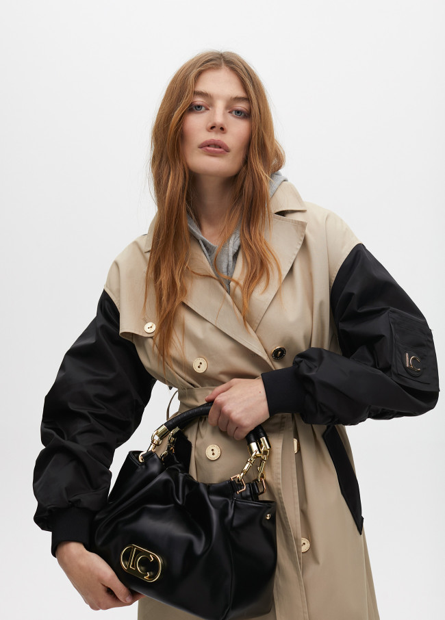 Trench coat with contrast bomber sleeves