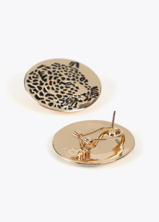 Button earrings with rhinestone tiger face