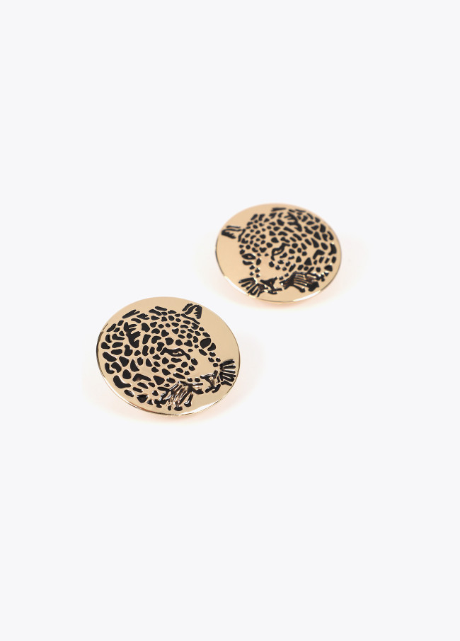 Button earrings with rhinestone tiger face