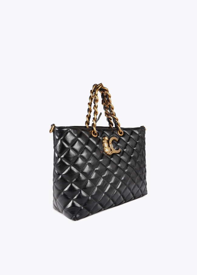Quilted faux leather tote bag with chain strap...