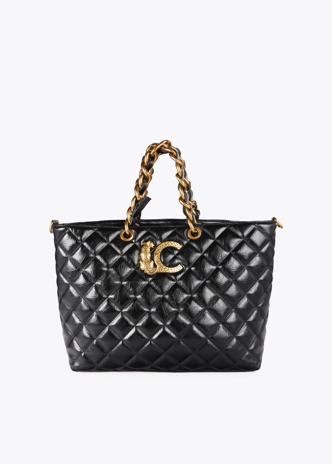 Quilted faux leather tote bag with chain strap and...
