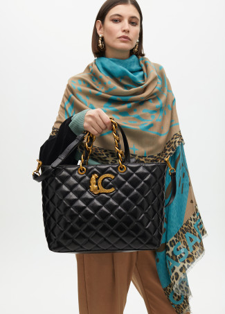 Quilted faux leather tote bag with chain strap and leopard LC