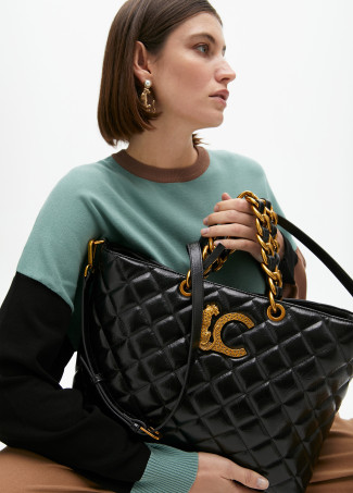 Quilted faux leather tote bag with chain strap and leopard LC