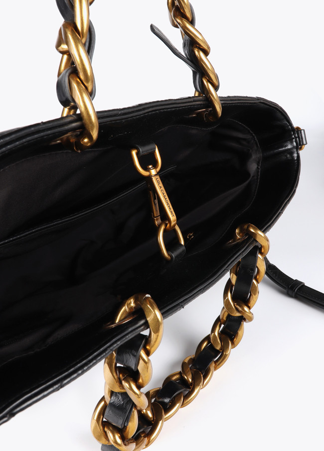 Quilted faux leather tote bag with chain strap...