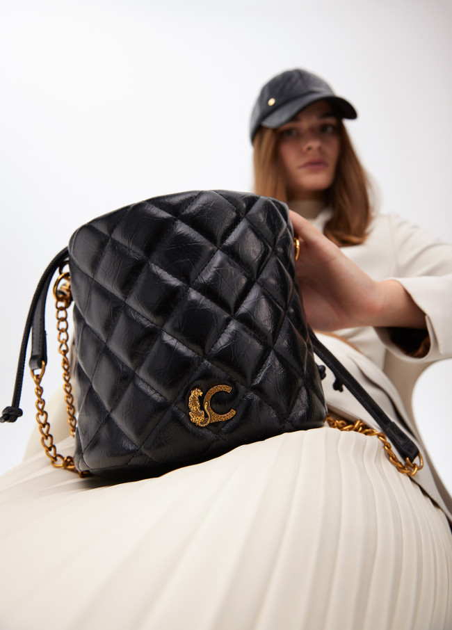 Quilted faux leather bucket bag with leopard LC...