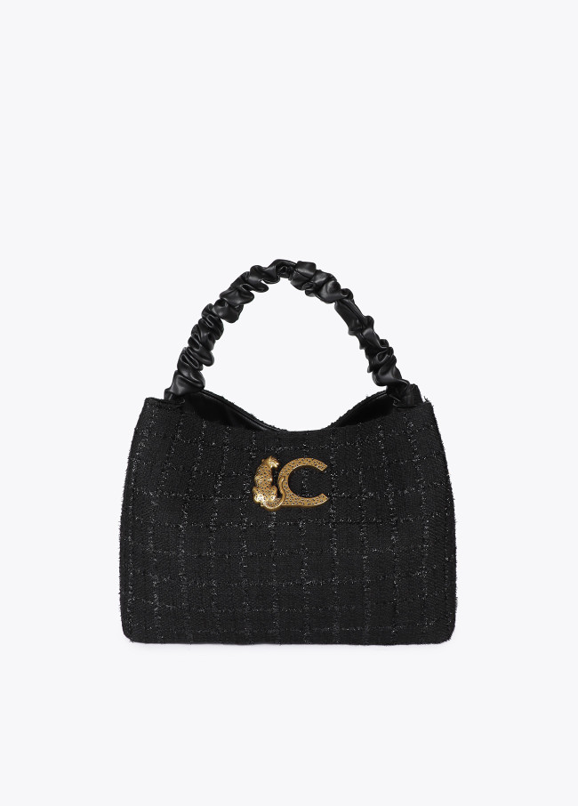 Bolso tweed asa fruncida y logo LC leopardo