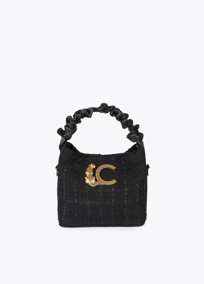 Small tweed bag with gathered strap and leopard...