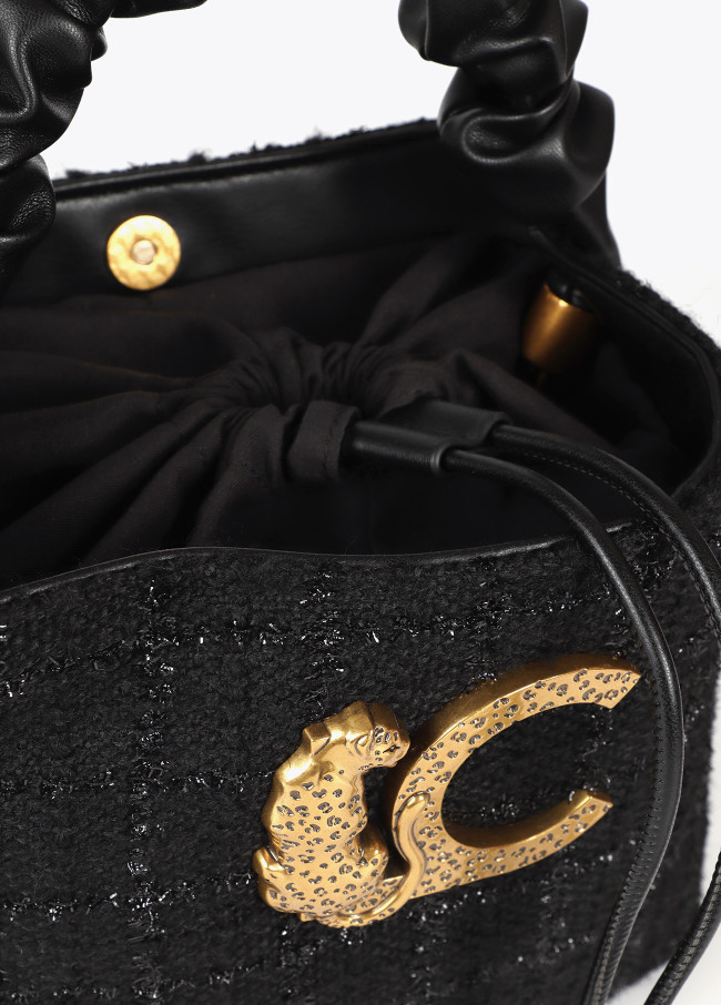 Small tweed bag with gathered strap and leopard...
