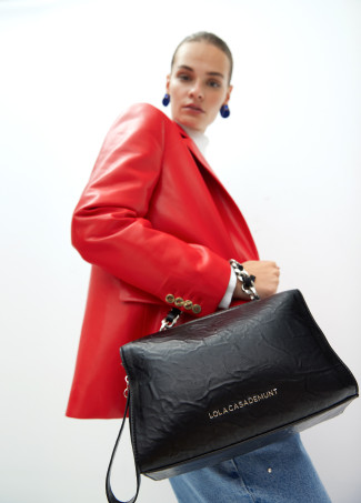 Faux leather wrinkled briefcase bag with metal details and XL studs