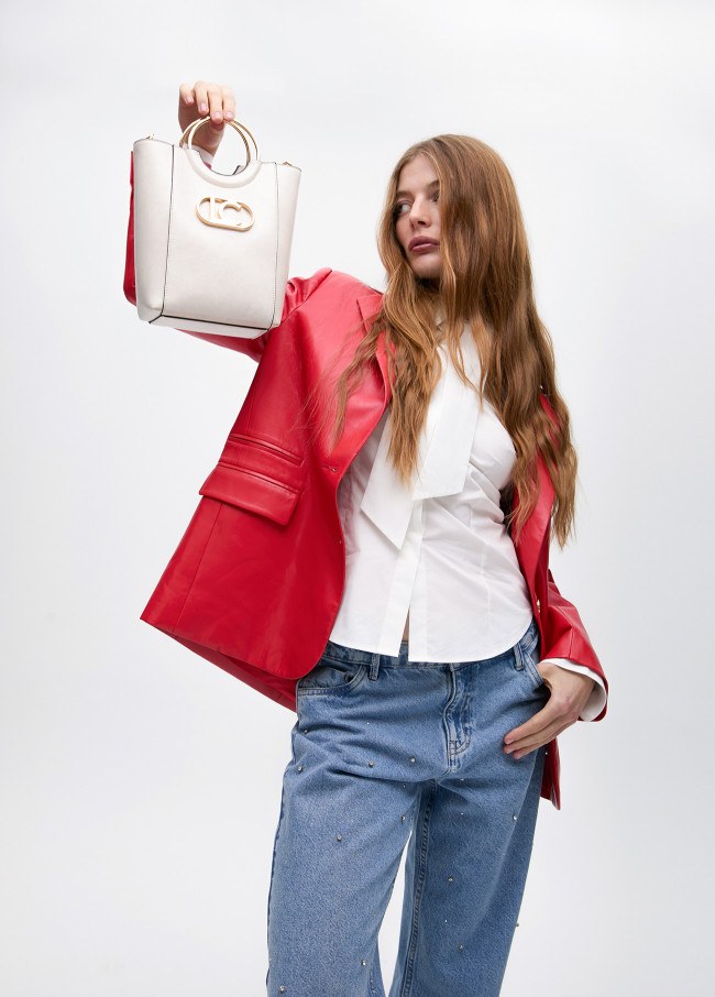 Mini faux leather tote bag with round metal...