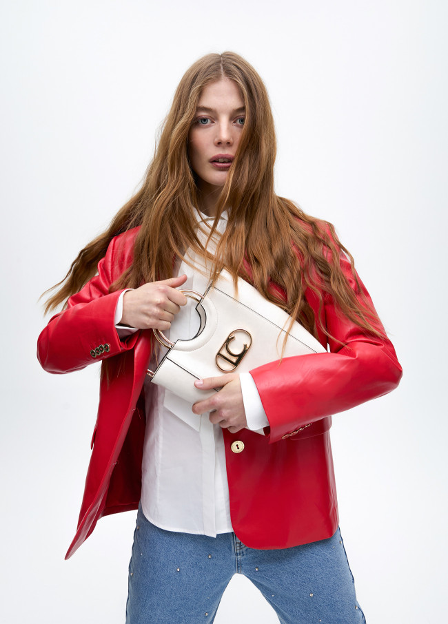 Mini faux leather tote bag with round metal...