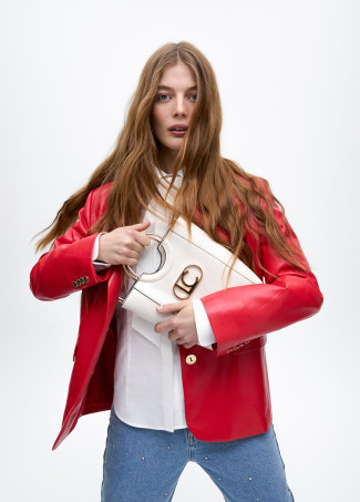 Mini faux leather tote bag with round metal strap and oval LC logo