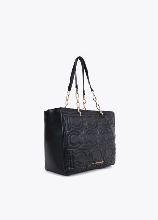 Quilted faux leather logo tote bag with mixed chain strap