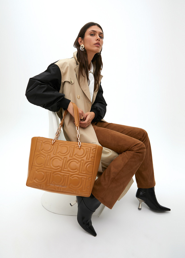 Quilted faux leather logo tote bag with mixed...