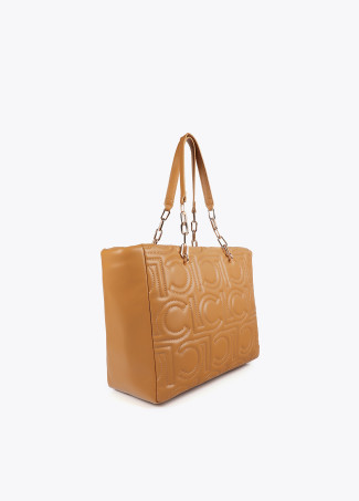 Quilted faux leather logo tote bag with mixed chain strap