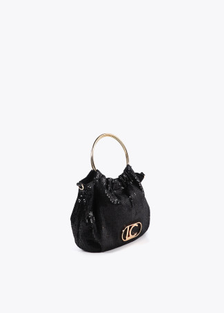 Bag in sequinned fabric with circular metallic strap