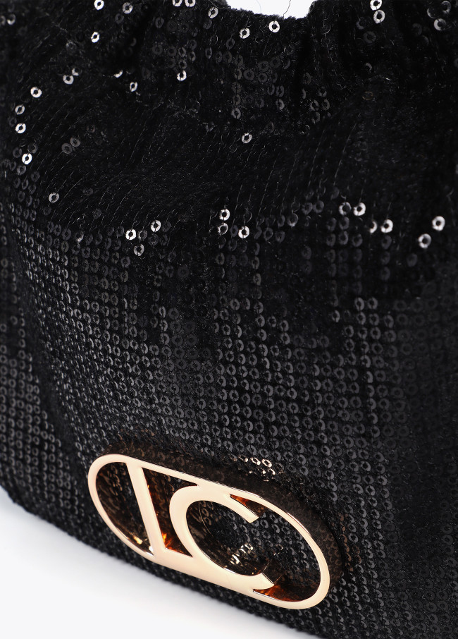 Bag in sequinned fabric with circular metallic...
