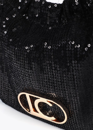 Bag in sequinned fabric with circular metallic strap
