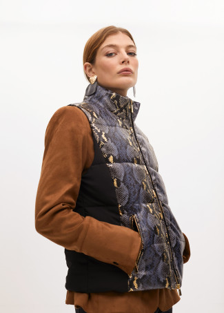 Animal print textured puffer gilet with golden details