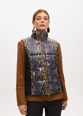 Animal print textured puffer gilet with golden details