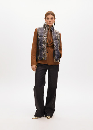 Animal print textured puffer gilet with golden details