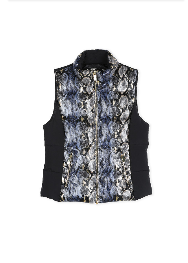 Animal print textured puffer gilet with golden...