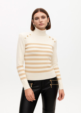 High neck sweater with golden stripes and button details