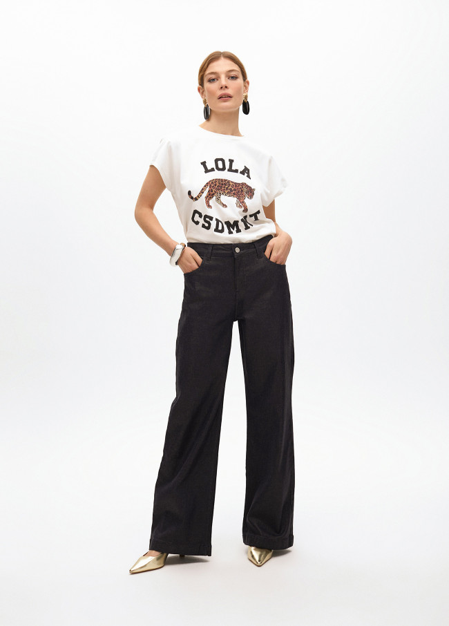 Wide-leg coated-effect jeans