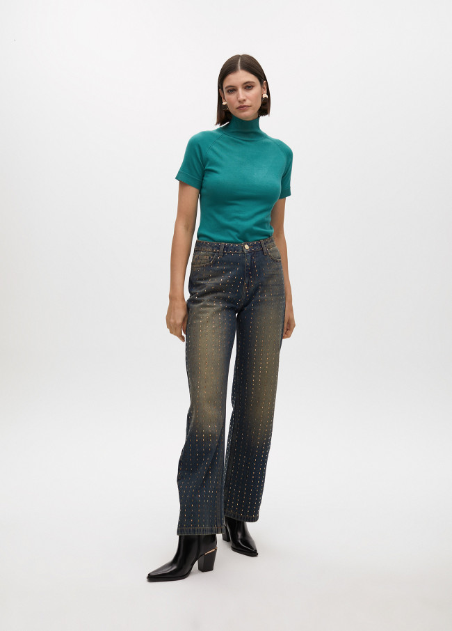 Jeans Wideleg Usado com Detalhes de Cobre