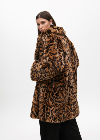 Double-breasted faux fur animal print midi coat