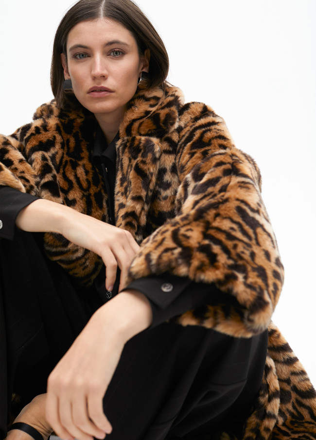 Double-breasted faux fur animal print midi coat