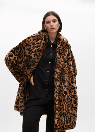 Double-breasted faux fur animal print midi coat