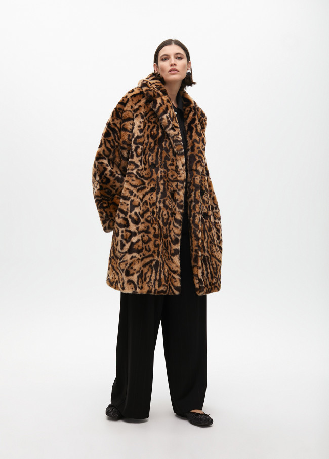 Double-breasted faux fur animal print midi coat