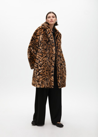 Double-breasted faux fur animal print midi coat