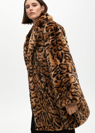 Double-breasted faux fur animal print midi coat