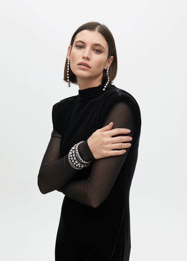 Long velvet dress with transparent sleeves