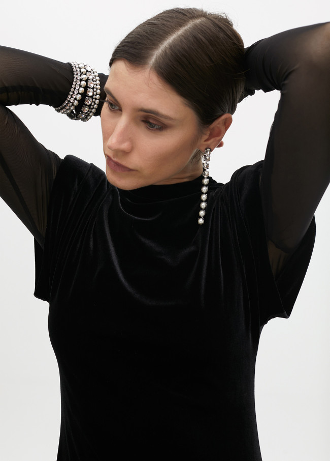 Long velvet dress with transparent sleeves