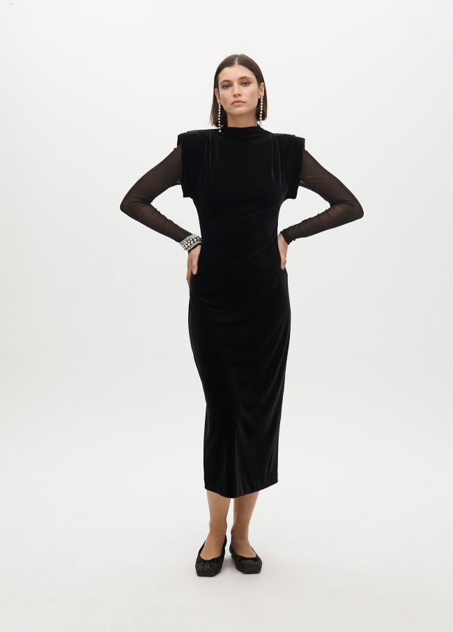 Vestido Longo de Veludo com Mangas Transparentes