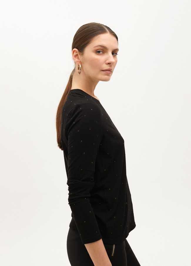 Knit V-neck T-shirt with rhinestone details