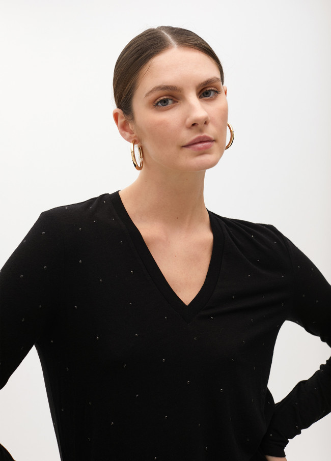 Knit V-neck T-shirt with rhinestone details